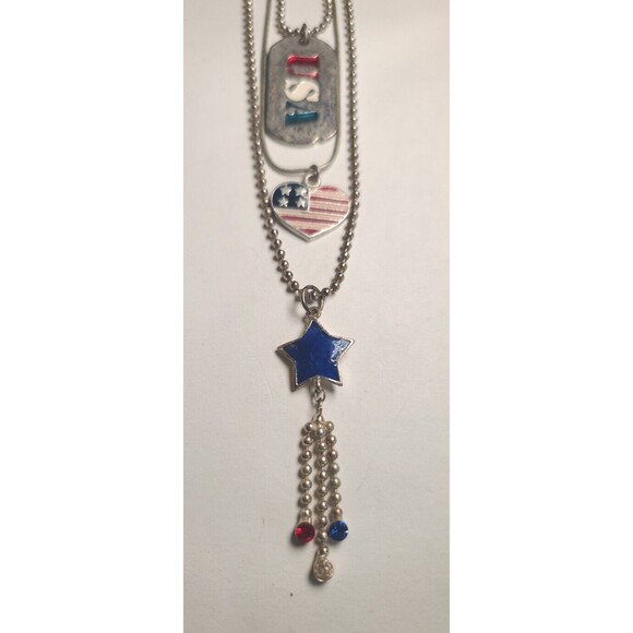 Vintage Lot of 3 Red White Blue Silvertone Patriotic Necklaces Stars Stripes - Picture 3 of 8